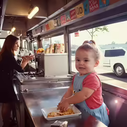 young girl standing at counter preparing food at food truck