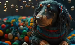 a dog in sweaters surrounded by a lot of beads
