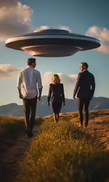three people walking with a flying object in the background