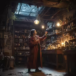 a person wearing a long red coat holding a light