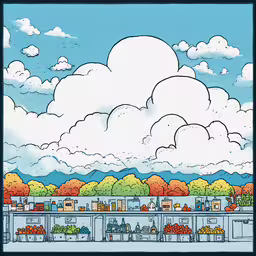 an illustration of a sky, clouds and trees,an illustrated city scene in the style of cartoon