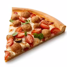 a half of a slice of pizza with meatballs on it