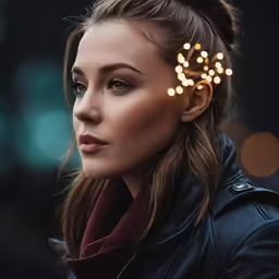 a beautiful young woman with christmas lights in her hair