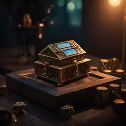 a golden chest containing a cell phone and keys