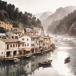some boats are parked on the water with houses along the shore