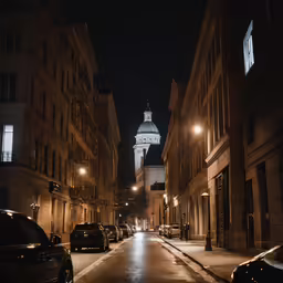 an urban street at night lit up by street lights