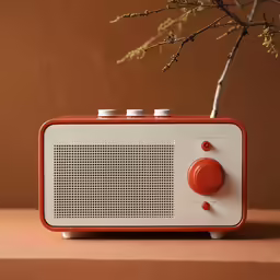 an orange and white vintage radio next to a small tree