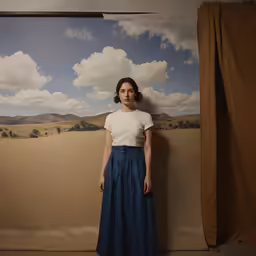 a girl poses in front of a large painting