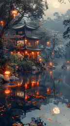 a chinese pond scene with lanterns on the pier,a beautiful asian garden scene with lanterns lit up the trees