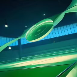 a long green light hanging in a building