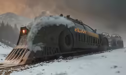 a train going through a snowy area with mountains in the background