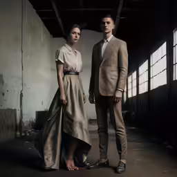 a couple in evening wear are posing for a portrait