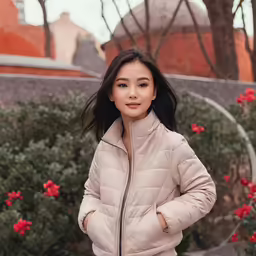 a woman in a light coat outside near some red flowers
