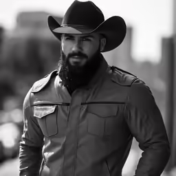 a man with a goatee hat wearing a cowboy outfit