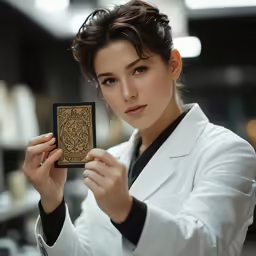 a woman wearing white coat holding a box with decorative designs