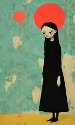 an artwork piece with a girl wearing a black dress