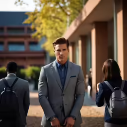 there is a man in a gray suit and blue shirt standing next to a woman