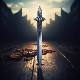 a long sword on top of a wooden table