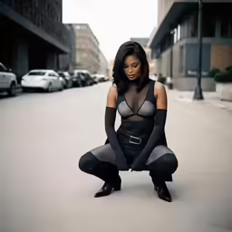 a girl kneeling down in an open city street