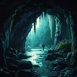 there is a man that is walking into a cave
