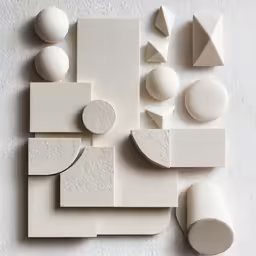 a white surface covered with shapes and sizes