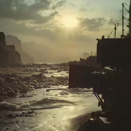 a ship is at the edge of a beach near the ocean