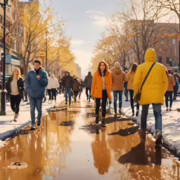 several people in a snowy street near a puddle