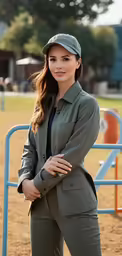 a female equestrian in a green suit posing for a photo
