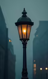 street lamp lit with a candle on an empty city street