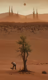a person bent down fixing a tree in the desert