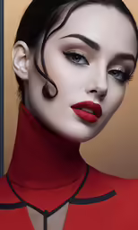 a woman with red and black makeup poses in an artistic photo