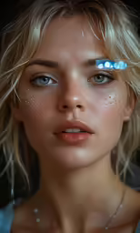 a girl with a white top and sparkle in her eyes