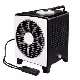 an open - air fan heater is sitting on top of the stand