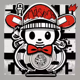 a graphic of a boy wearing a helmet,cartoon character of the year with a red bow tie and hat