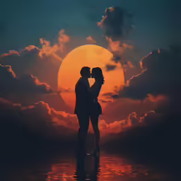 a couple kissing in front of an orange sunset