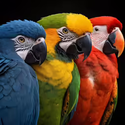 three different colored parrots sitting next to each other