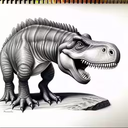 a drawing of a dinosaur with a large sharp tooth,pencil drawing of an t - - type dinosaur with open mouth and sharp teeth