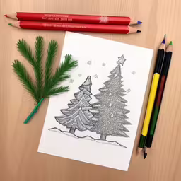 a drawing of a christmas tree and other items,some markers on a table with some coloring paper,a picture with some pencils and markers next to it,christmas tree coloring on paper next to markers,christmas trees are shown on the paper, and colored pencils are also in a note card