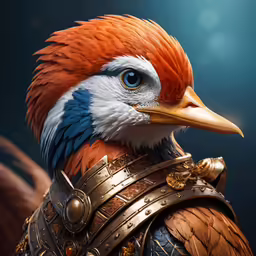 a digital painting of a colorful bird wearing an armor