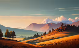 a grassy landscape that looks great, and has trees growing on it,a grassy plain under a cloudy sky, at sunrise