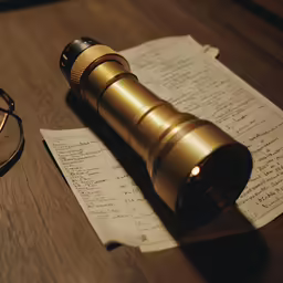 a telescope is resting on top of some letters