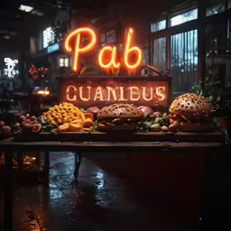 a table with lots of food and neon signs on it