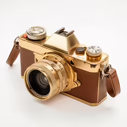 a camera on display with a silver and black lens