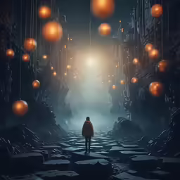 a man is looking down an alley covered in lots of lanterns