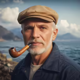 a man in a cap holding a pipe to his nose