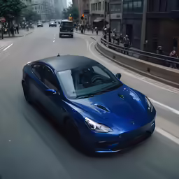 a blue sports car driving down a street