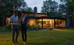 two young adults standing in front of a home at dusk