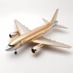 a shiny gold model jet airplane sitting on a white surface