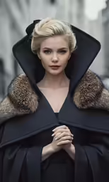 woman in black cape with fur collar posing for a camera