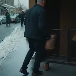the man in a suit looks out of a window